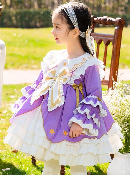 Petal Collar Star Bow-Knot Decoration Princess Style Spring Classic Lolita Kids Long Sleeve Dress