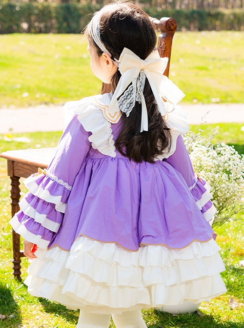 Petal Collar Star Bow-Knot Decoration Princess Style Spring Classic Lolita Kids Long Sleeve Dress