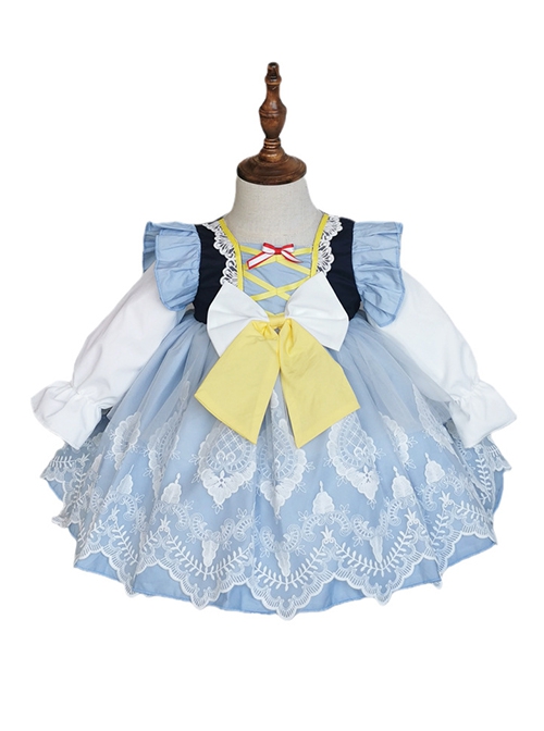 Yellow Bow-Knot Decoration Lace Hem Design Spring Autumn Classic Lolita Kids Long-Sleeved Dress