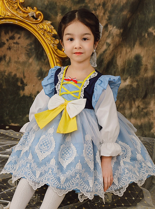 Yellow Bow-Knot Decoration Lace Hem Design Spring Autumn Classic Lolita Kids Long-Sleeved Dress