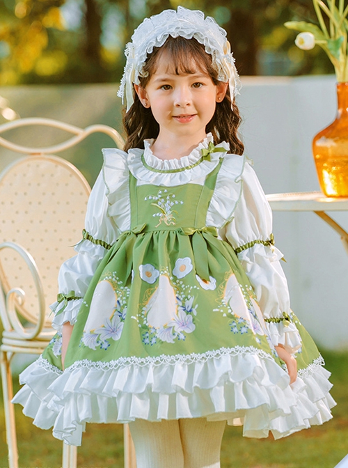 Flower Embroidery Print Fresh Green Lace Decoration Classic Lolita Kids Long Sleeve Dress