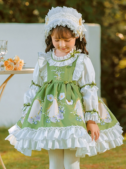 Flower Embroidery Print Fresh Green Lace Decoration Classic Lolita Kids Long Sleeve Dress