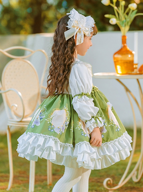 Flower Embroidery Print Fresh Green Lace Decoration Classic Lolita Kids Long Sleeve Dress