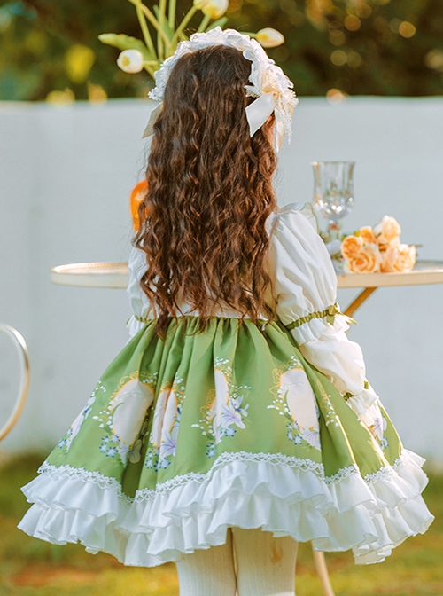 Flower Embroidery Print Fresh Green Lace Decoration Classic Lolita Kids Long Sleeve Dress