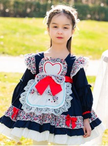 Floral Love Bowknot Apron Decoration Autumn Winter Dark Color Classic Lolita Kids Long-Sleeved Dress