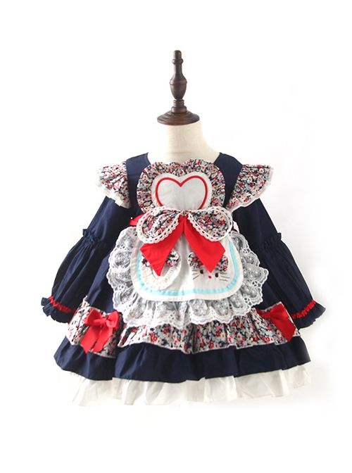 Floral Love Bowknot Apron Decoration Autumn Winter Dark Color Classic Lolita Kids Long-Sleeved Dress