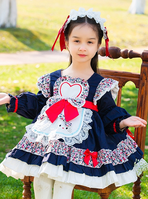 Floral Love Bowknot Apron Decoration Autumn Winter Dark Color Classic Lolita Kids Long-Sleeved Dress