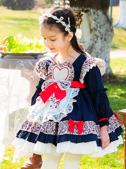 Floral Love Bowknot Apron Decoration Autumn Winter Dark Color Classic Lolita Kids Long-Sleeved Dress