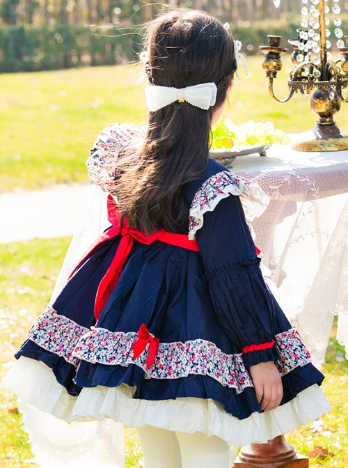 Floral Love Bowknot Apron Decoration Autumn Winter Dark Color Classic Lolita Kids Long-Sleeved Dress