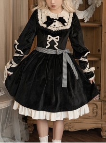 Black Elegant Winter Plush Two-Wear Cloak Lace Decorate Thick Velvet Classic Lolita Long Sleeve Dress Set