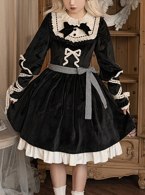 Black Elegant Winter Plush Two-Wear Cloak Lace Decorate Thick Velvet Classic Lolita Long Sleeve Dress Set