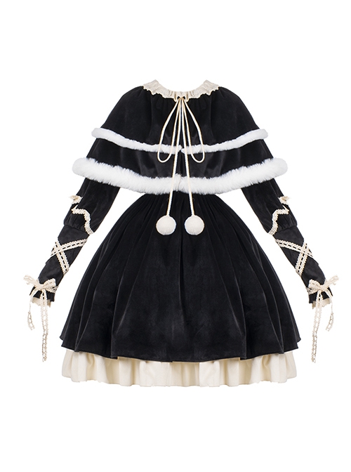 Black Elegant Winter Plush Two-Wear Cloak Lace Decorate Thick Velvet Classic Lolita Long Sleeve Dress Set