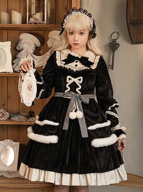 Black Elegant Winter Plush Two-Wear Cloak Lace Decorate Thick Velvet Classic Lolita Long Sleeve Dress Set