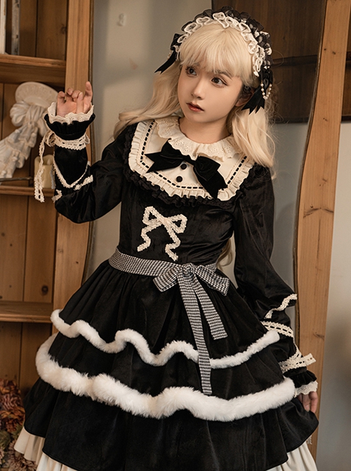 Black Elegant Winter Plush Two-Wear Cloak Lace Decorate Thick Velvet Classic Lolita Long Sleeve Dress Set