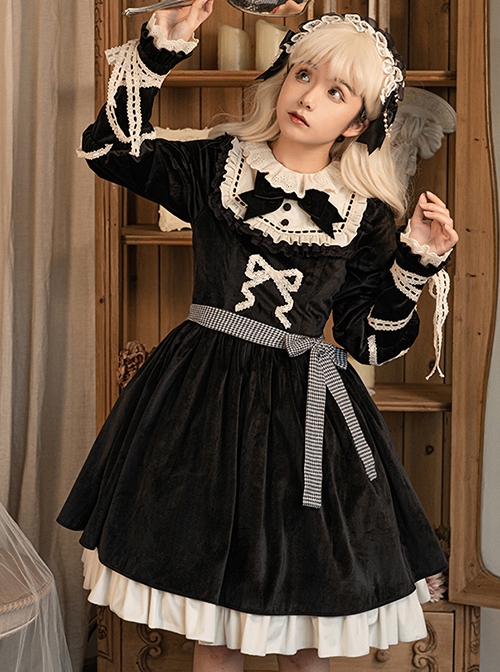 Black Elegant Winter Plush Two-Wear Cloak Lace Decorate Thick Velvet Classic Lolita Long Sleeve Dress Set