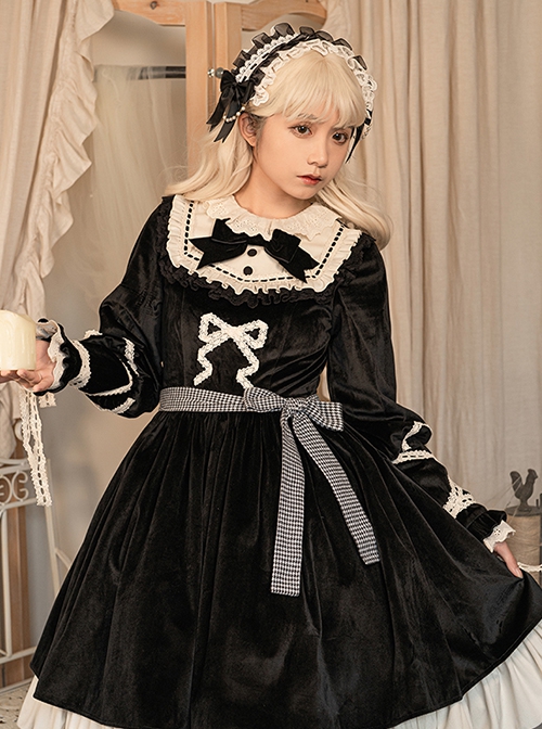 Black Elegant Winter Plush Two-Wear Cloak Lace Decorate Thick Velvet Classic Lolita Long Sleeve Dress Set