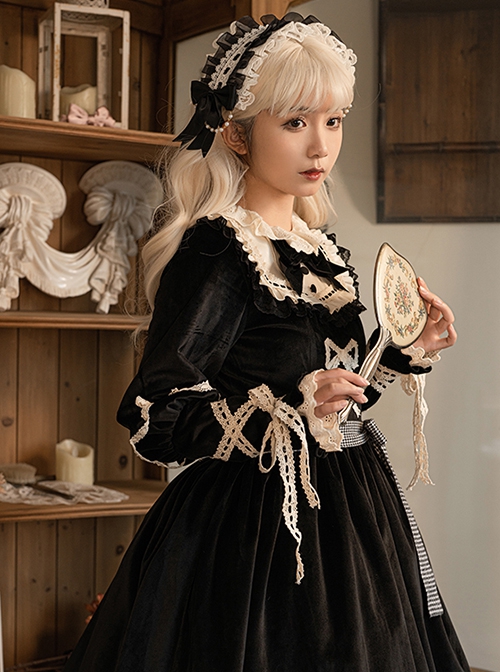 Black Elegant Winter Plush Two-Wear Cloak Lace Decorate Thick Velvet Classic Lolita Long Sleeve Dress Set