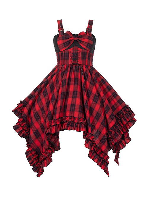 Punk Black Red Plaid Irregular Hem Lacing Autumn Winter Punk Lolita Sleeveless Dress