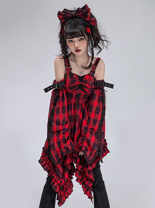 Punk Black Red Plaid Irregular Hem Lacing Autumn Winter Punk Lolita Sleeveless Dress