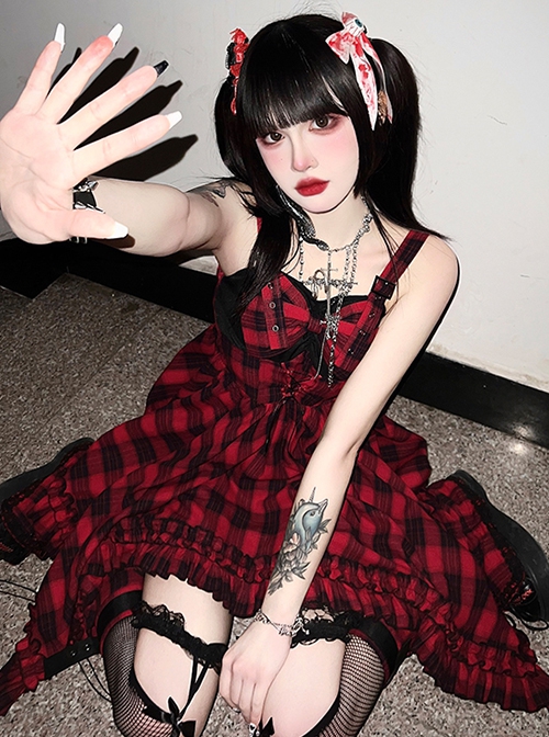 Punk Black Red Plaid Irregular Hem Lacing Autumn Winter Punk Lolita Sleeveless Dress