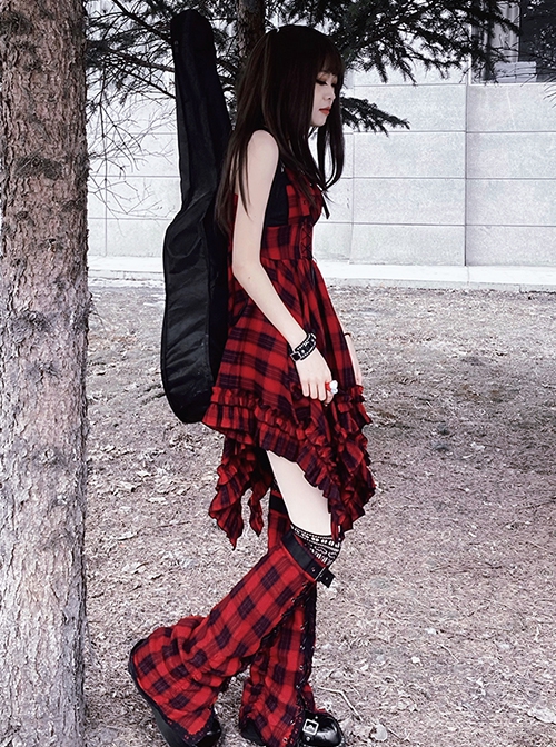 Punk Black Red Plaid Irregular Hem Lacing Autumn Winter Punk