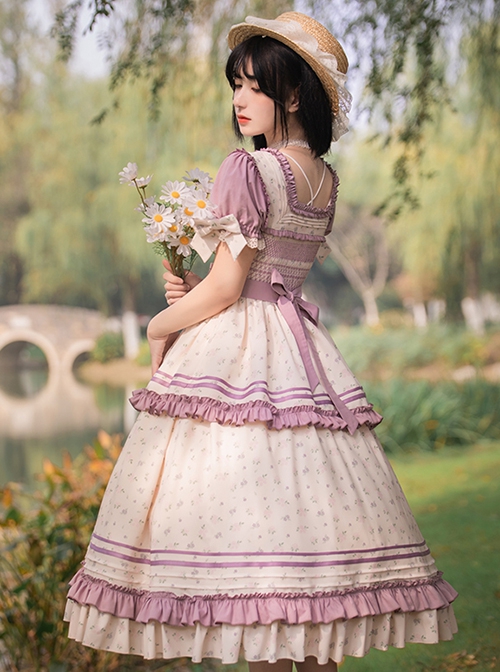 Pastoral Style Square Neck Floral Bow-Knot Decoration Detachable Sleeves Classic Lolita Long Short Sleeve Dress
