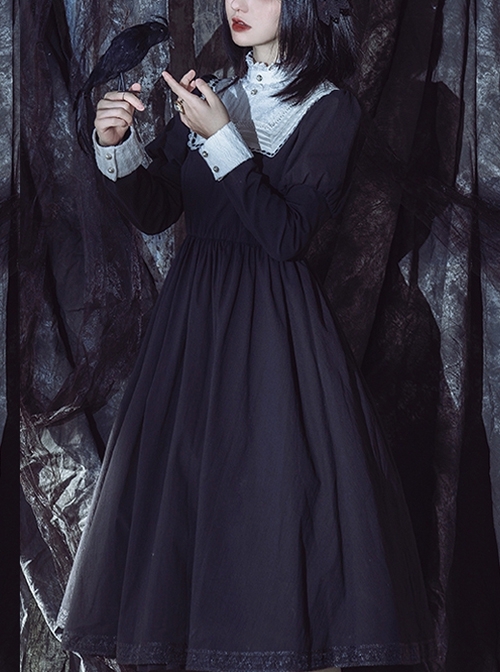 No Man's Land Rose Series Black White Solid Color Stand Collar Lace Autumn Winter Gothic Lolita Long-Sleeved Dress
