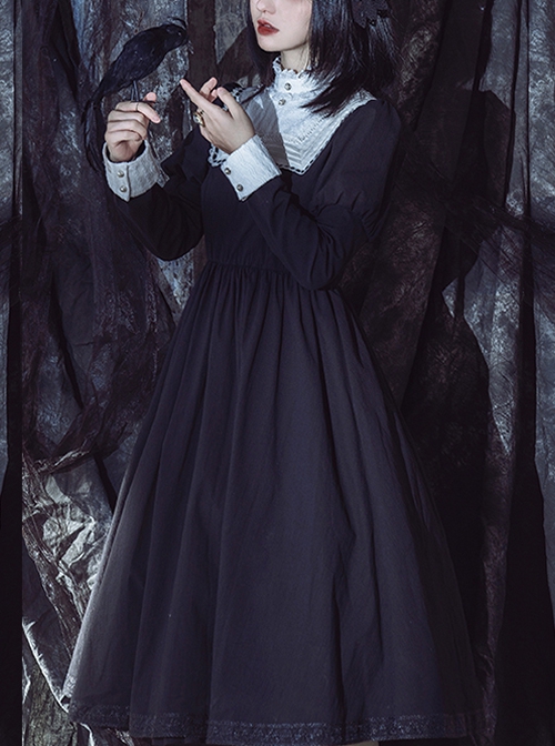 No Man's Land Rose Series Black White Solid Color Stand Collar Lace Autumn Winter Gothic Lolita Long-Sleeved Dress