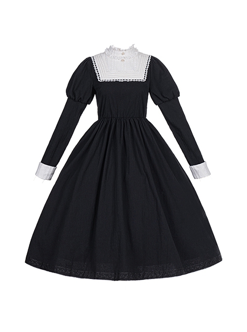 No Man's Land Rose Series Black White Solid Color Stand Collar Lace Autumn Winter Gothic Lolita Long-Sleeved Dress