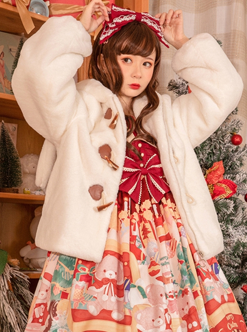 White Plush Hooded Rabbit Ears Autumn Winter Thickened Warm All-Match Imitation Rabbit Fur Sweet Lolita Coat