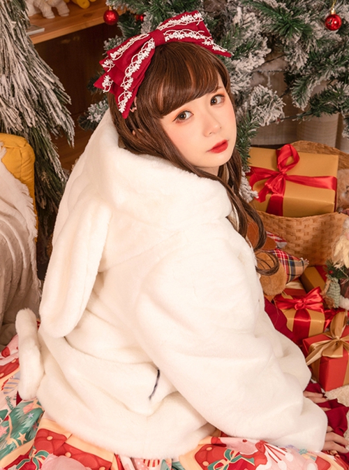 White Plush Hooded Rabbit Ears Autumn Winter Thickened Warm All-Match Imitation Rabbit Fur Sweet Lolita Coat