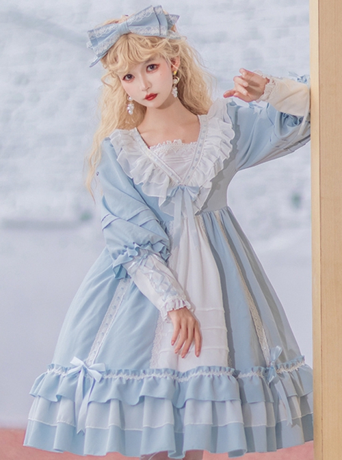 Elegant V-Neck Lace Lantern Sleeve Lace-Up Bow-Knot Decoration Classic Lolita Long-Sleeve Dress