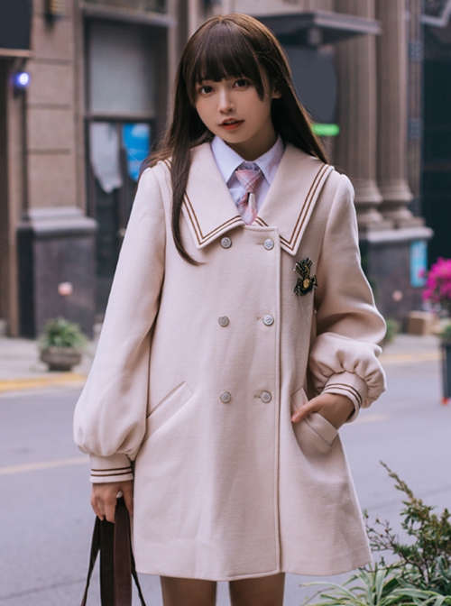 College Style Solid Color Striped Lapel Double-Breasted Japanese Thickened School Lolita Long-Sleeved Coat