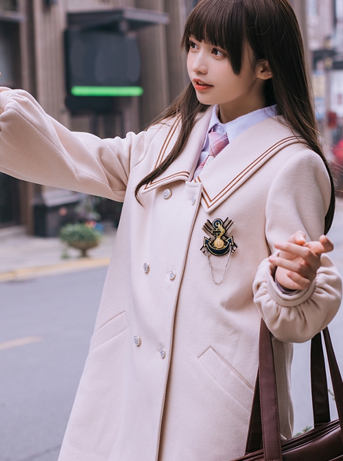 College Style Solid Color Striped Lapel Double-Breasted Japanese Thickened School Lolita Long-Sleeved Coat