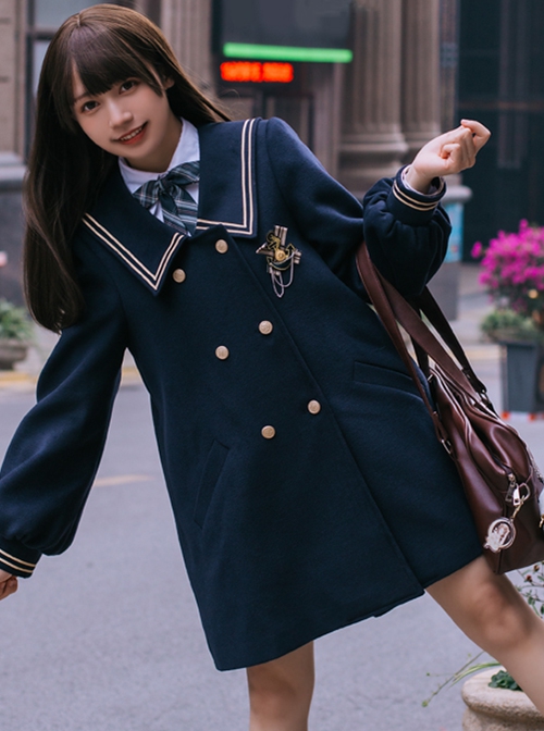 College Style Solid Color Striped Lapel Double-Breasted Japanese Thickened School Lolita Long-Sleeved Coat