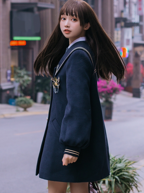 College Style Solid Color Striped Lapel Double-Breasted Japanese Thickened School Lolita Long-Sleeved Coat