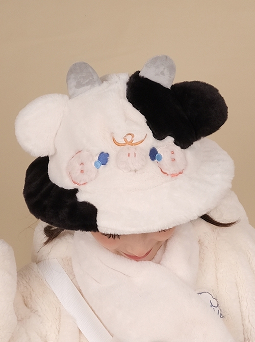 Black White Little Milk Cow Embroidery Cute Plush Sweet Girl Thickened Warm Winter Cold Sweet Lolita Hat