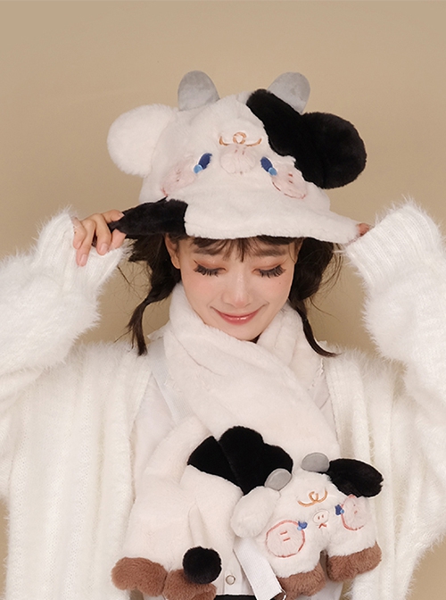 Black White Little Milk Cow Embroidery Cute Plush Sweet Girl Thickened Warm Winter Cold Sweet Lolita Hat