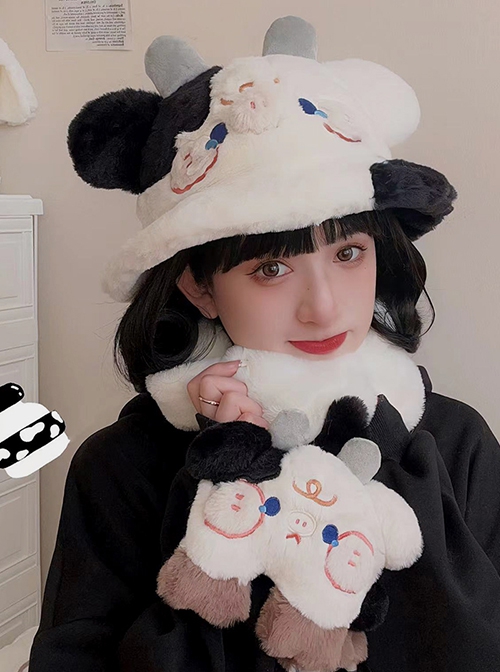 Black White Little Milk Cow Embroidery Cute Plush Sweet Girl Thickened Warm Winter Cold Sweet Lolita Hat