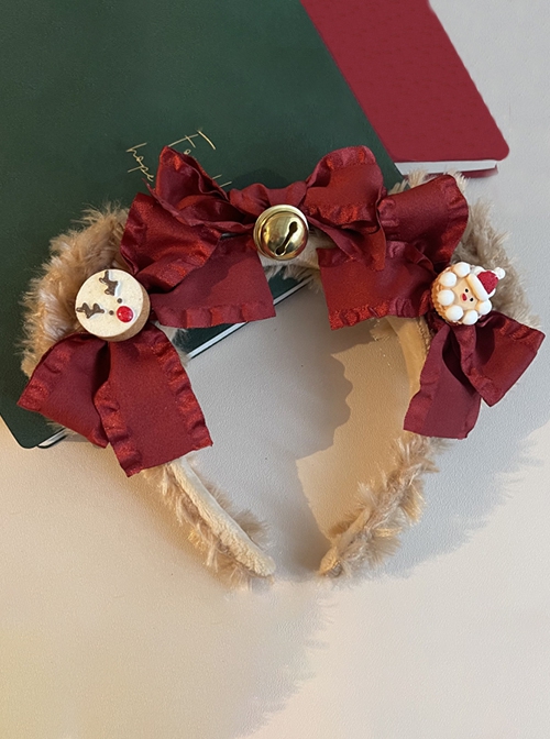 Red Bow-Knot Plush Bear Christmas Ornament Bell Decoration Classic Lolita Headband