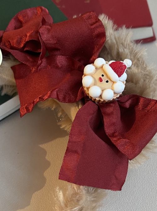 Red Bow-Knot Plush Bear Christmas Ornament Bell Decoration Classic Lolita Headband