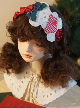 Plaid Heart Embroidery Bear Green Bowknot Red Satin Ribbon Christmas Classic Lolita Headband