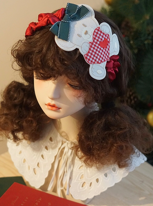 Plaid Heart Embroidery Bear Green Bowknot Red Satin Ribbon Christmas Classic Lolita Headband