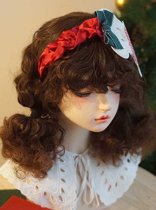 Plaid Heart Embroidery Bear Green Bowknot Red Satin Ribbon Christmas Classic Lolita Headband