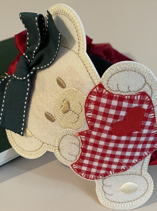 Plaid Heart Embroidery Bear Green Bowknot Red Satin Ribbon Christmas Classic Lolita Headband