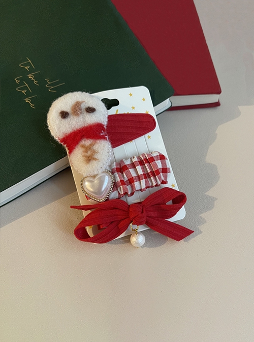 Red Bow-Knot Plaid Love Snowman Christmas Classic Lolita Hair Clip