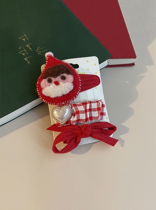 Santa Claus Handmade Cute Plaid Heart Red Bow-Knot Christmas Classic Lolita Hair Clip