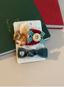 Cute Embroidered Squirrel Green Plaid Button Bow-Knot Christmas Classic Lolita Hair Clip