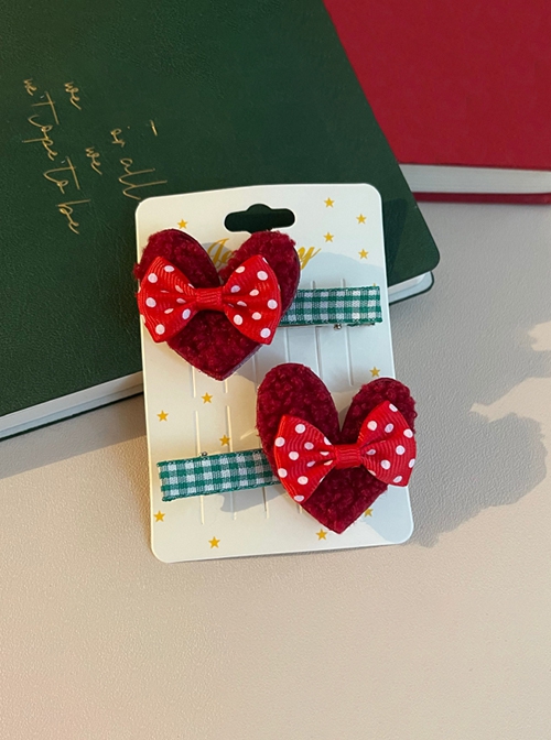 Plush Red Love Polka Dot Bowknot Green Plaid Christmas Classic Lolita Hair Clip