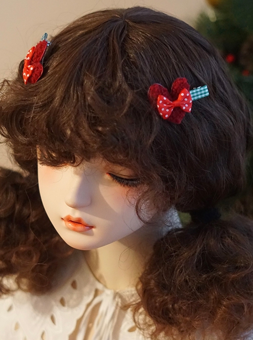 Plush Red Love Polka Dot Bowknot Green Plaid Christmas Classic Lolita Hair Clip